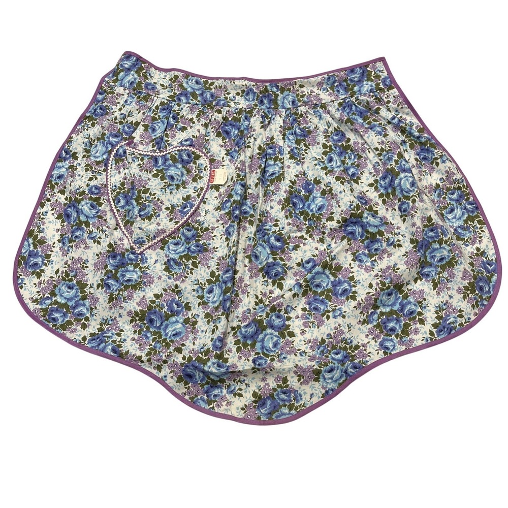 Vintage Silins Half Apron  Blue Purple Floral‎ Embroidered Pocket 60s Housewife